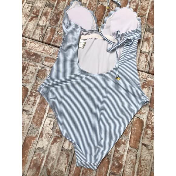 Jessica Simpson Swimsuit SZ MED Tie Back Striped Blue White Ruffle One PC Tummy - Picture 8 of 10